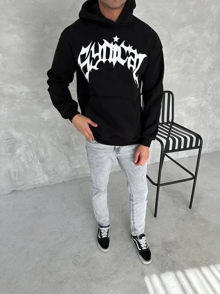 Erkek 3 İplik Pamuklu Kapüşonlu Baskılı Cepli Oversize Sweatshirt Hoodie - Siyah ürün görseli 1