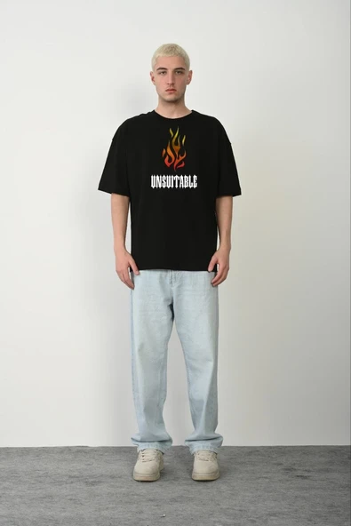 Erkek Baskılı T-Shirt Kısa Kol Bisiklet Yaka Regular Fit Rahat Kalıp Günlük Tişört - Siyah ürün görseli 1