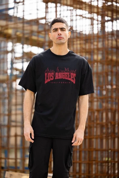 Erkek Kısa Kol Tişört Bisiklet Yaka LOS ANGELES  Baskılı T-Shirt - Siyah ürün görseli 1
