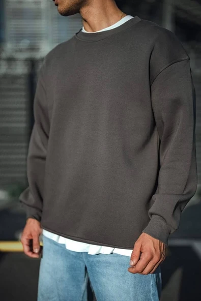 Erkek Bisiklet Yaka 3 iplik Pamuklu Basic SweatShirt  - Antrasit ürün görseli 1