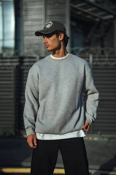 Erkek Kışlık Bisiklet Yaka 3 İplik Basic SweatShirt - Gri - Resim 3