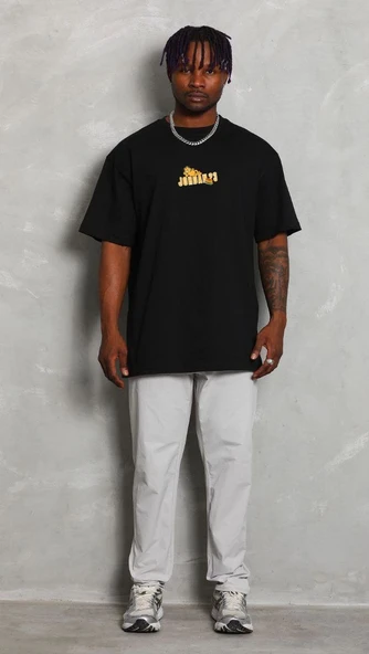Erkek Kısa Kol Yazlık Tişört Bisiklet Yaka Baskılı Oversize T-Shirt - Siyah ürün görseli 1
