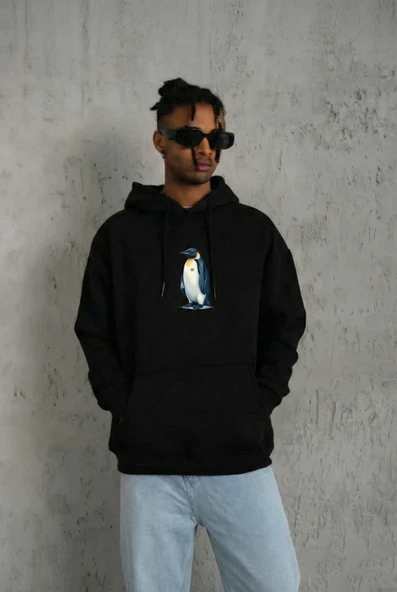 Erkek Survivor Penguin Baskılı 3 İplik Pamuklu Kapüşonlu Sweatshirt Hoodie Siyah ürün görseli 1
