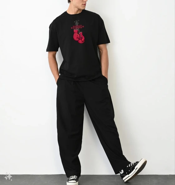 Erkek Boks Eldiven Baskılı T-Shirt Kısa Kol Bisiklet Yaka Regular Tişört - Siyah ürün görseli 1
