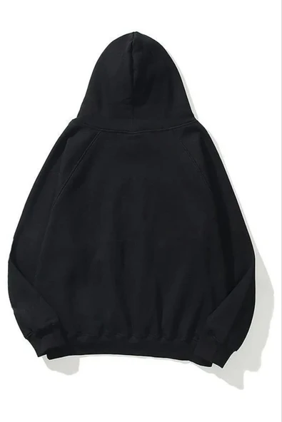 Kadın Kapüşonlu Kanguru Cepli 3 İplik Pamuklu Düz Hoodie Sweatshirt - Siyah ürün görseli 1