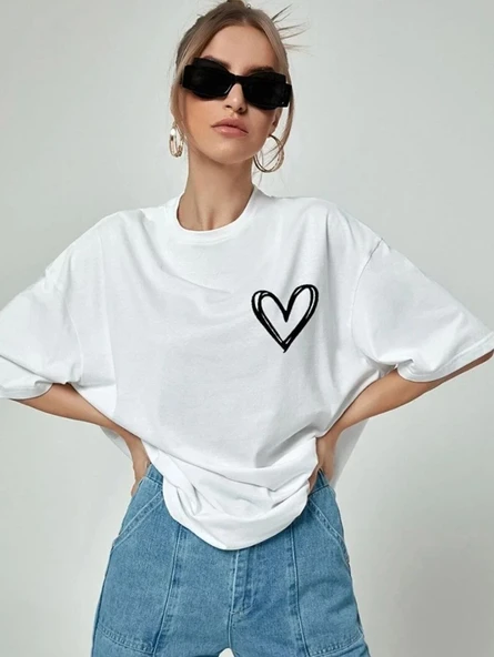 Kadın Tişört Bisiklet Yaka Baskılı Oversize T-Shirt - Beyaz ürün görseli 1