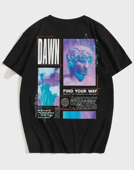 Kadın Baskılı T-Shirt Kısa Kol Bisiklet Yaka Oversize Rahat Kalıp Tişört - Siyah ürün görseli 1