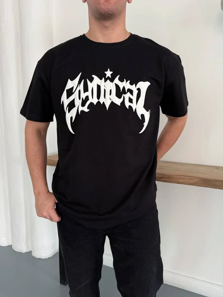 Erkek Kısa Kol Yazlık Tişört Bisiklet Yaka Baskılı Oversize T-Shirt - Siyah ürün görseli 1