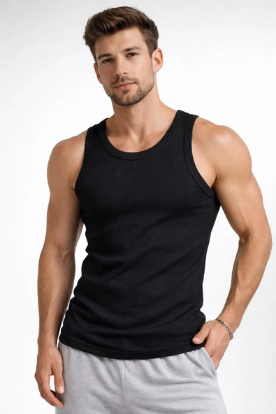 Erkek Fitilli Atlet Sıfır Yaka Slim Fit Arka Baskılı Spor Atlet - Siyah ürün görseli 1