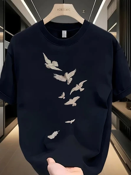 Erkek Özgür Kuşlar Baskılı Tişört Yazlık Bisiklet Yaka Kısa Kol T-Shirt - Beyaz ürün görseli 1
