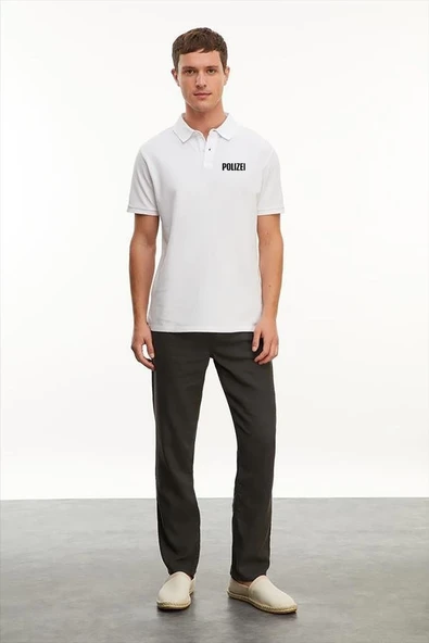 Erkek Polo Yaka Düğmeli Tişört Pike Baskılı T-Shirt - Beyaz ürün görseli 1