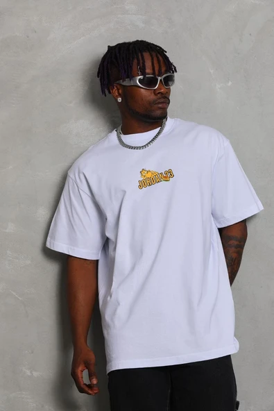 Erkek Kısa Kol Yazlık Tişört Bisiklet Yaka Baskılı Oversize T-Shirt - Beyaz ürün görseli 1