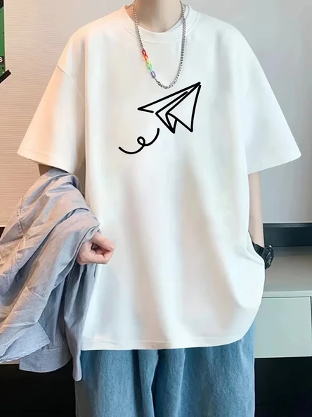 Erkek Kısa Kol Yazlık Tişört Bisiklet Yaka Baskılı Oversize T-Shirt - Beyaz ürün görseli 1