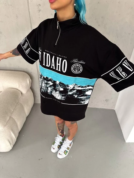 Kadın Baskılı Yarım Fermuarlı Kısa kol T-Shirt - Siyah ürün görseli 1