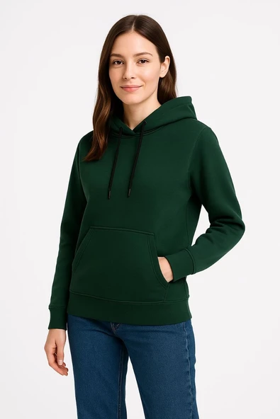 Kadın 3 İplik Pamuklu Kapüşonlu Kanguru Cepli Sweatshirt hoodie - Haki ürün görseli 1