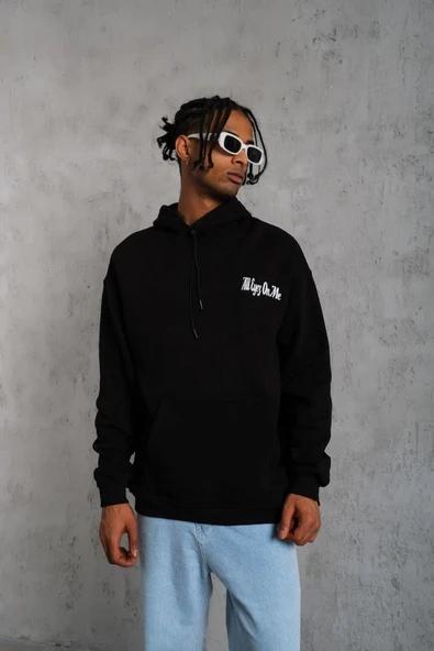 Erkek Kapüşonlu Kanguru Cepli Sweatshirt 3 İplik Pamuklu Baskılı Hoodie - Siyah ürün görseli 1