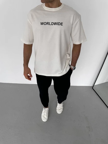 Erkek Yazlık Baskılı Tişört Bisiklet Yaka Kısa Kol Regular Fit T-Shirt - Beyaz ürün görseli 1