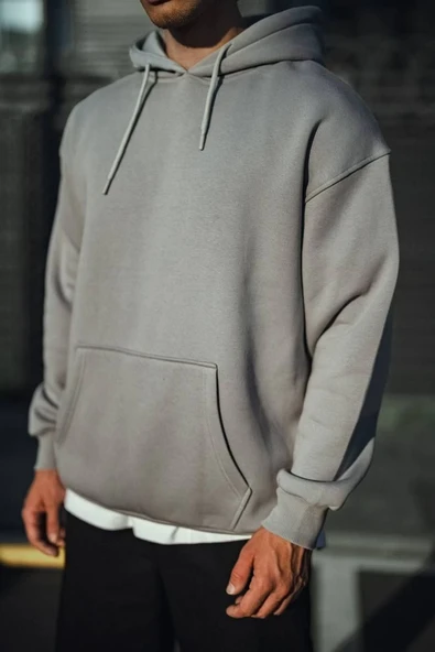 Erkek 3 İplik Penye Kapüşonlu Basic SweatShirt Hoodie - Boyalı Gri ürün görseli 1