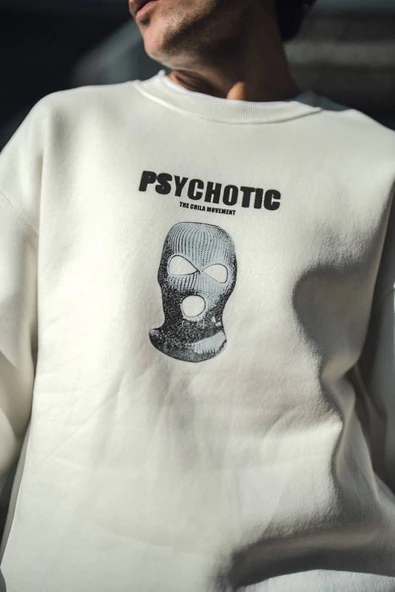 Erkek 3 iplik pamuklu Kışlık Bisiklet Yaka Baskılı SweatShirt - Beyaz ürün görseli 1