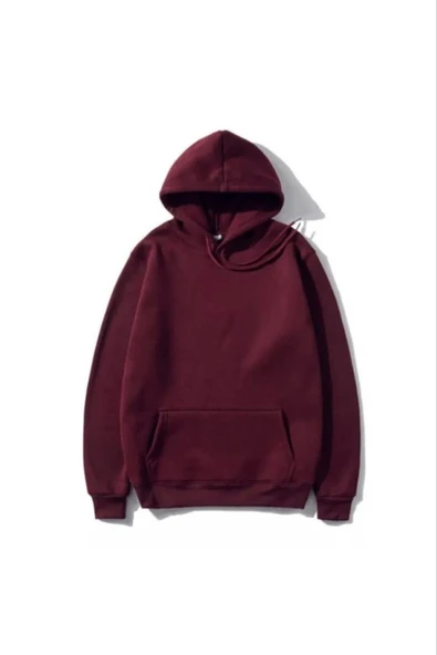 Kadın 3 İplik Pamuklu Kapüşonlu Kanguru Cepli Düz Hoodie Sweatshirt - Bordo ürün görseli 1