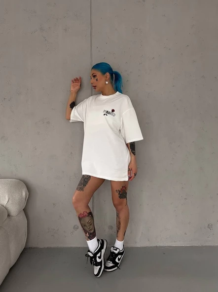 Kadın Bisiklet Yaka Baskılı Kısa kol Oversize T-Shirt - Beyaz ürün görseli 1