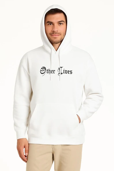 Erkek Kapüşonlu Kanguru Cepli Sweatshirt 3 İplik Pamuklu Baskılı Hoodie - Beyaz ürün görseli 1