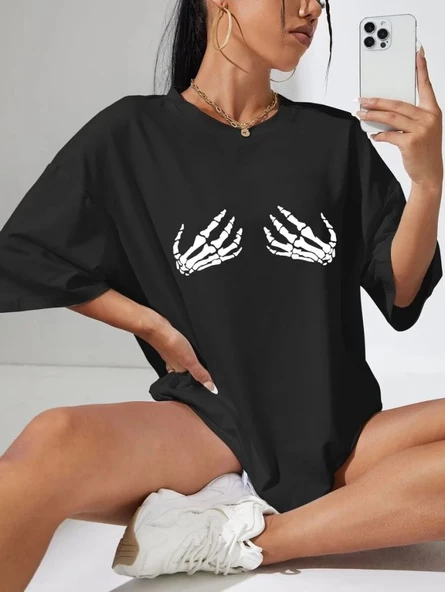 Kadın Baskılı T-Shirt Kısa Kol Bisiklet Yaka Oversize Rahat Kalıp Tişört - Siyah ürün görseli 1