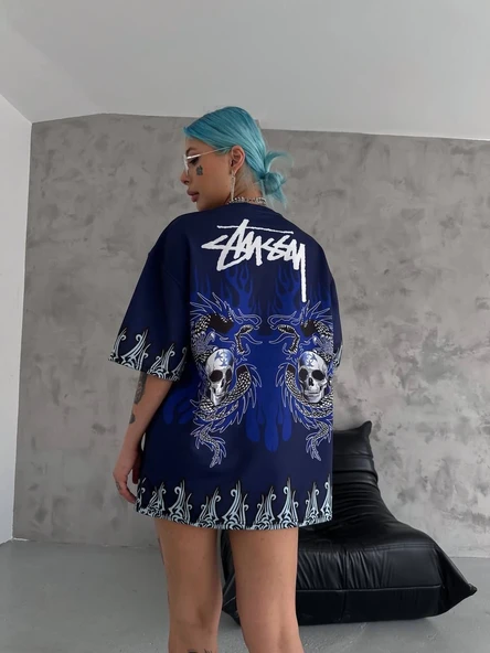 Unisex Bisiklet Yaka Baskılı Oversize T-Shirt - Lacivert ürün görseli 1