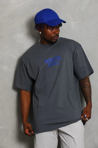 Erkek Baskılı Tişört Kısa Kol Bisiklet Yaka Oversize T-Shirt - Füme ürün görseli 1