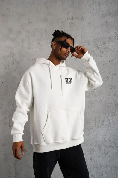 Erkek 3 İplik Pamuklu Kapüşonlu Baskılı Cepli Oversize Sweatshirt Hoodie - Beyaz ürün görseli 1