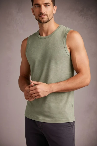 Erkek Flamlı Kumaş Kolsuz Atlet Günlük Fitness Spor T-Shirt - Mint Yeşili ürün görseli 1