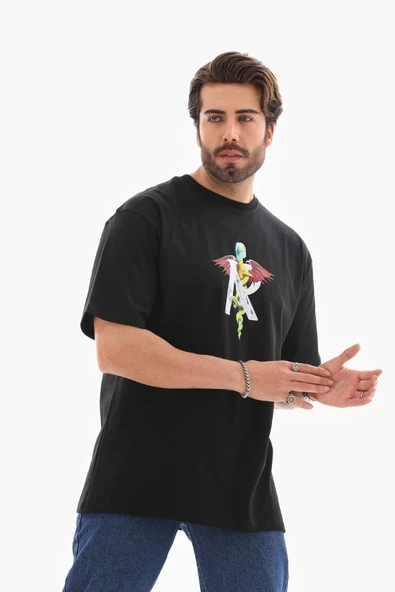 Erkek Baskılı T-Shirt Kısa Kol Bisiklet Yaka Regular Fit Rahat Kalıp Tişört -  Siyah ürün görseli 1