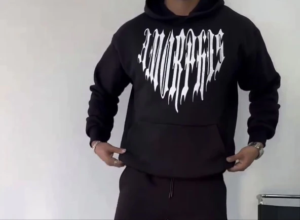 Erkek Kapüşonlu Kanguru Cepli Sweatshirt 3 İplik Pamuklu Baskılı Hoodie -  Siyah ürün görseli 1