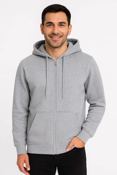 Erkek 3 İplik Pamuklu Kapüşonlu Tam Fermuarlı Cepli Hoodie Sweatshirt - Gri ürün görseli 1