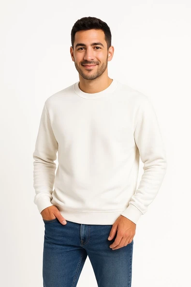 Erkek 3 İplik Pamuklu Düz Bisiklet Yaka SweatShirt - Beyaz ürün görseli 1