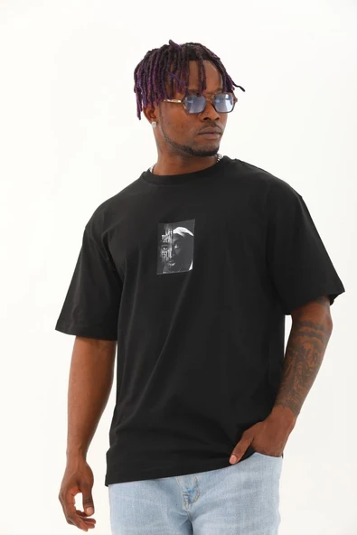 Erkek Kısa Kol Yazlık Tişört Bisiklet Yaka Baskılı Oversize T-Shirt - Siyah ürün görseli 1