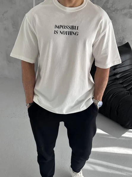 Erkek Bisiklet Yaka Baskılı Oversize  Kısa kol T-Shirt - Beyaz ürün görseli 1