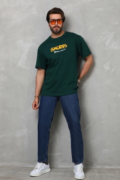 Erkek Kısa Kol Yazlık Tişört Bisiklet Yaka Baskılı Oversize T-Shirt - Yeşil ürün görseli 1