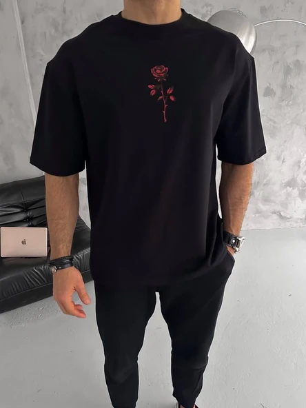 Erkek Bisiklet Yaka Baskılı Oversize  Kısa kol T-Shirt - Siyah ürün görseli 1