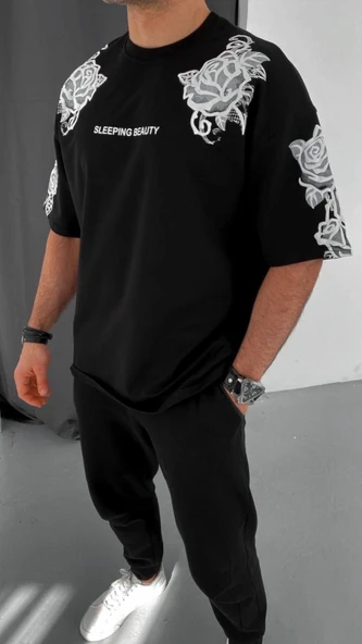 Erkek Kısa Kol Yazlık Tişört Bisiklet Yaka Baskılı Oversize T-Shirt - Siyah ürün görseli 1
