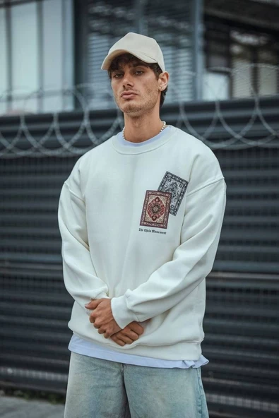 Erkek 3 iplik pamuklu Bisiklet Yaka Baskılı SweatShirt - Beyaz ürün görseli 1