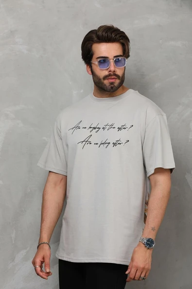 Erkek Kısa Kol Yazlık Tişört Bisiklet Yaka Baskılı Oversize T-Shirt - Gri ürün görseli 1