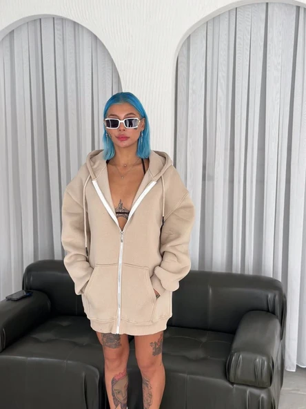 Kadın 3 İplik Pamuklu Kapüşonlu Kanguru Cepli Baskılı Oversize Hoodie Sweatshirt - Bej ürün görseli 1