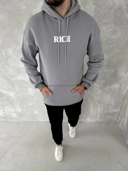 Erkek 3 İplik Pamuklu Kapüşonlu Kanguru Cepli Baskılı Oversize Hoodie Sweatshirt - Gri ürün görseli 1
