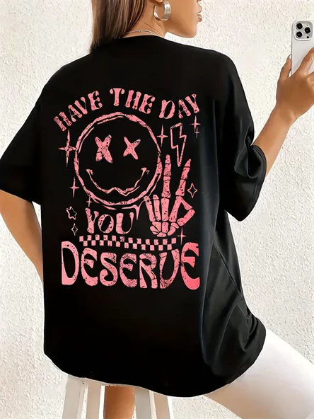 Kadın Kısa Kol Yazlık Tişört Bisiklet Yaka Baskılı Oversize T-Shirt - Siyah ürün görseli 1