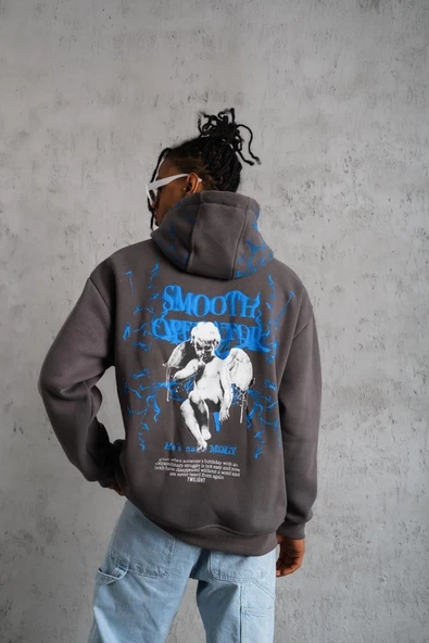 Erkek 3 İplik Pamuklu Kapüşonlu Baskılı Cepli Oversize Sweatshirt Hoodie - Gri ürün görseli 1