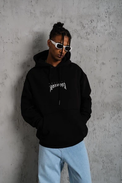 Erkek Baskılı Kapüşonlu ve Kanguru Cepli Sweatshirt hoodie- Siyah ürün görseli 1