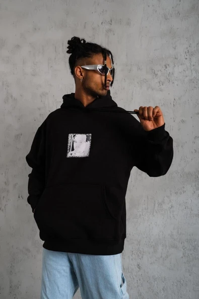 Erkek 3 İplik Pamuklu Kapüşonlu Baskılı Cepli Oversize Sweatshirt Hoodie - Siyah ürün görseli 1