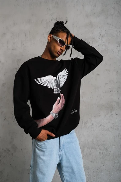 Erkek Güvercin Baskılı 3 iplik Bisiklet Yaka ipamuklu Sweatshirt - Siyah ürün görseli 1