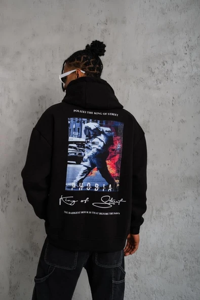 Erkek 3 İplik Pamuklu Kapüşonlu Baskılı Cepli Oversize Sweatshirt Hoodie - Siyah ürün görseli 1
